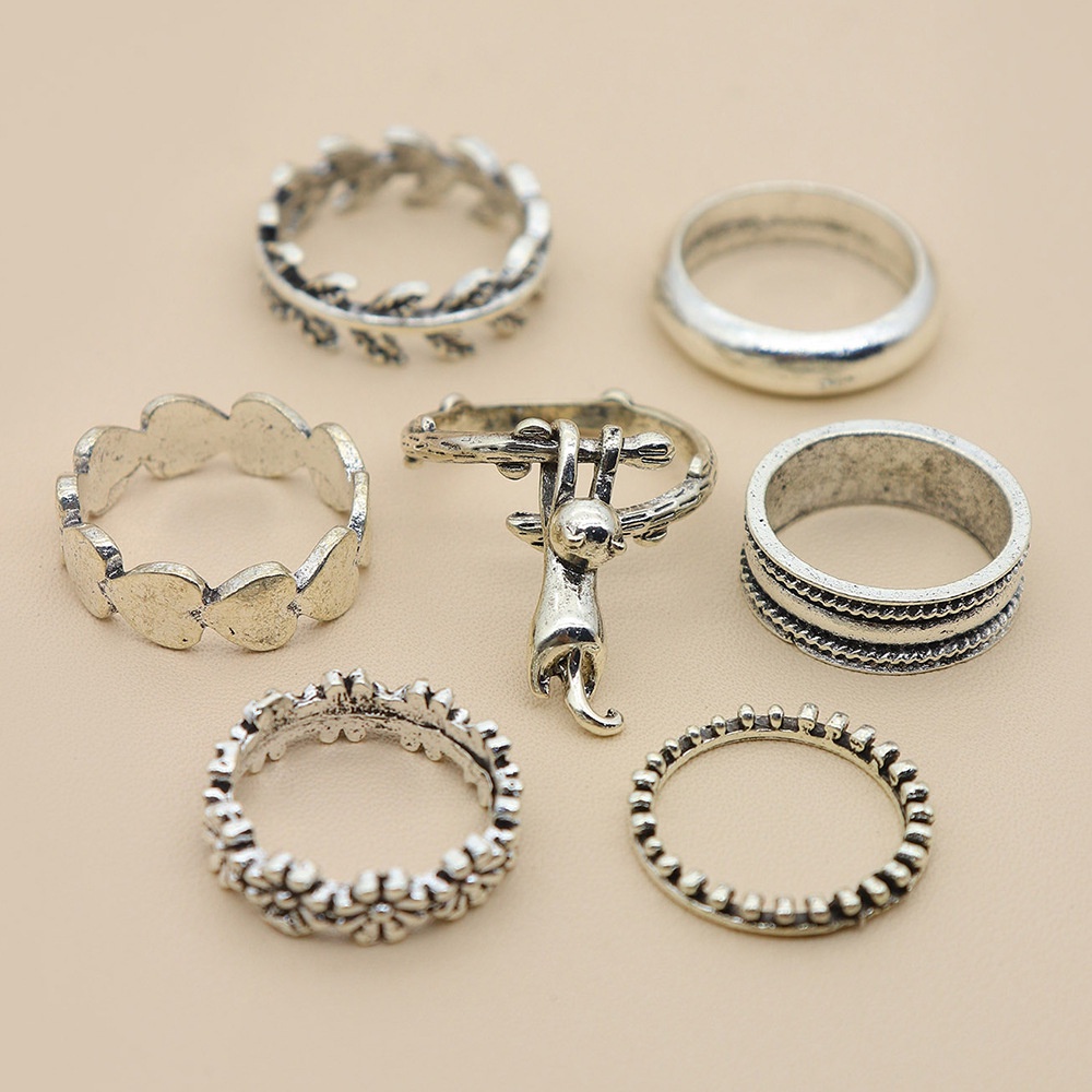 7pcs / Set Cincin Sendi Jari / Knuckle Ring Bentuk Kucing / Daun Warna Silver