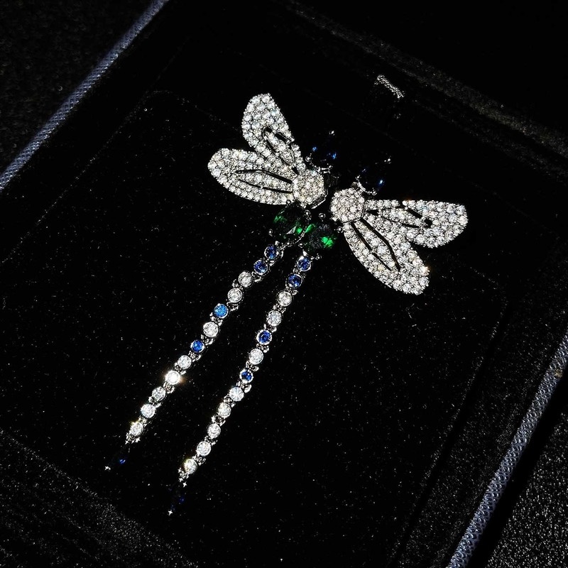 Colorful Moissanite Dragonfly Shape Long Sterling Silver Needle Stud Earrings