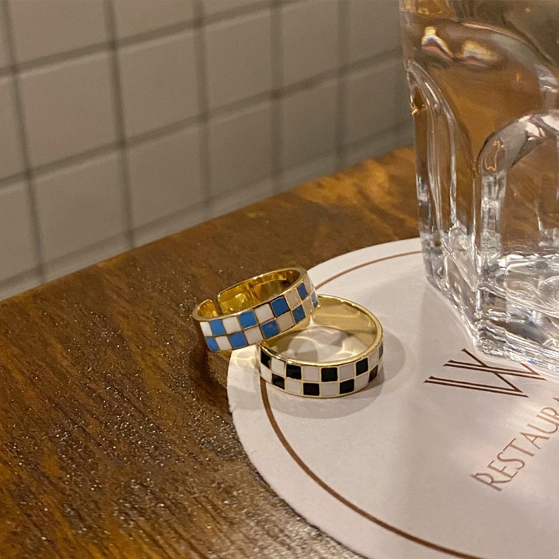 Klein Cincin Terbuka Adjustable Desain Papan Catur Biru Untuk Wanita