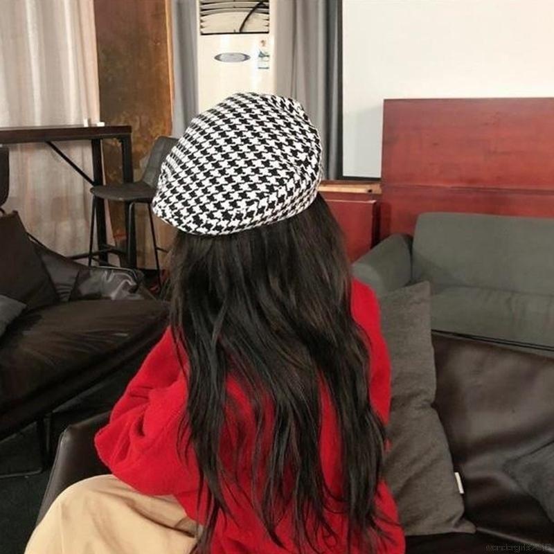 Topi Baret Motif Houndstooth Gaya Retro Korea Jepang Untuk Wanita