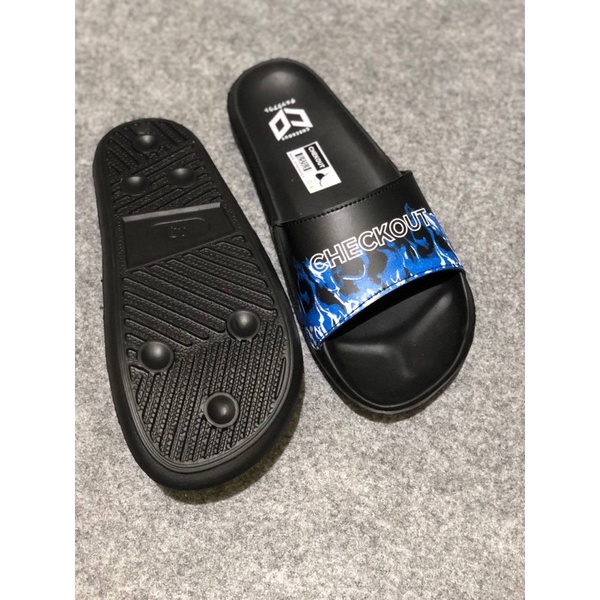 SANDAL SLIDE CHECKOUT FLAME NAVY BLACK PRIA WANITA