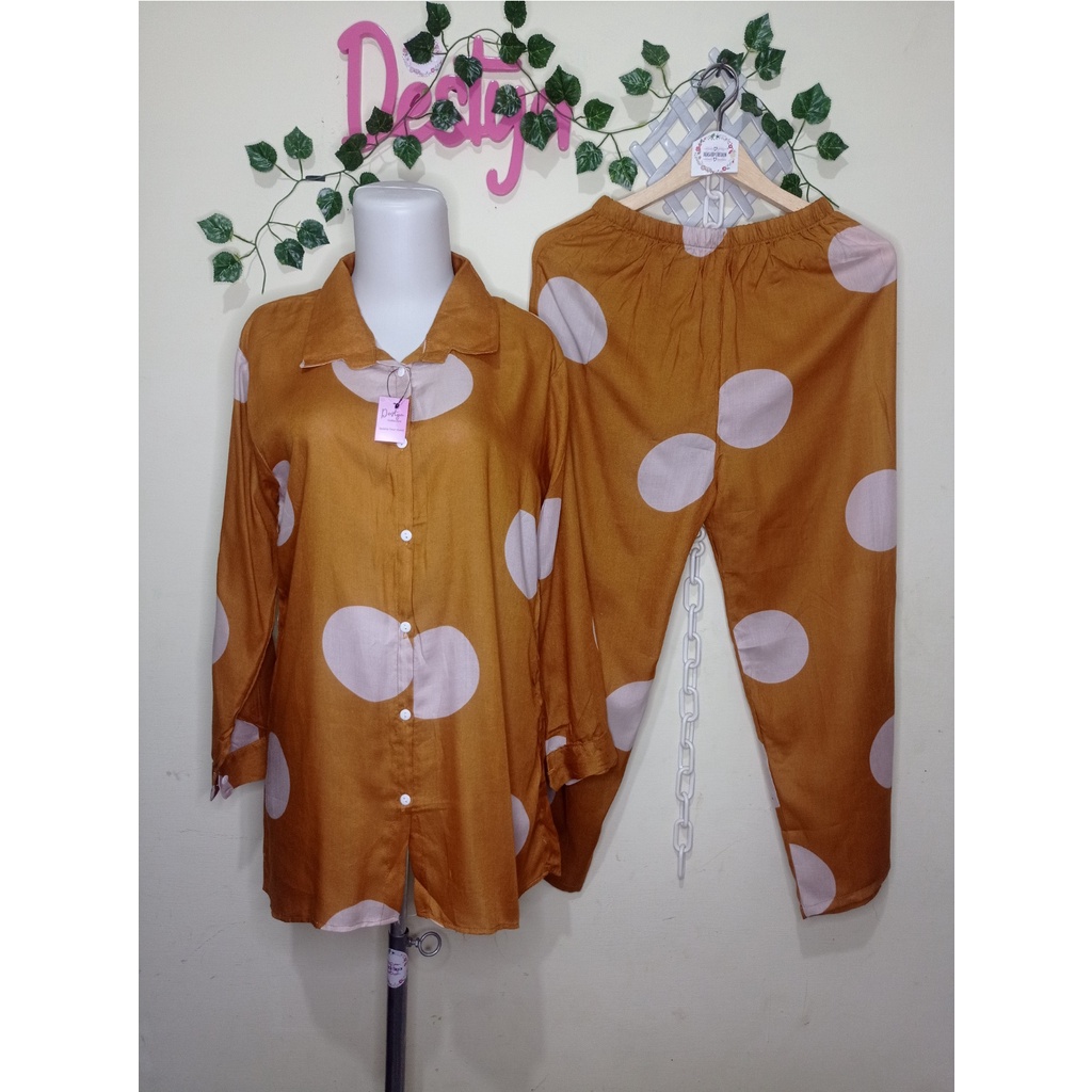 ONE SET RAYON BOBA | SETELAN PAJAMAS MOTIF POLKA KUNYIT | SETCEL POLKADOT