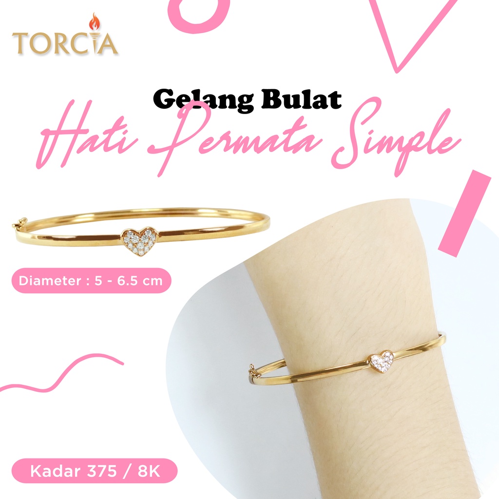 Gelang Bulat Emas Asli Hati Permata Simple Kadar 375 Torcia