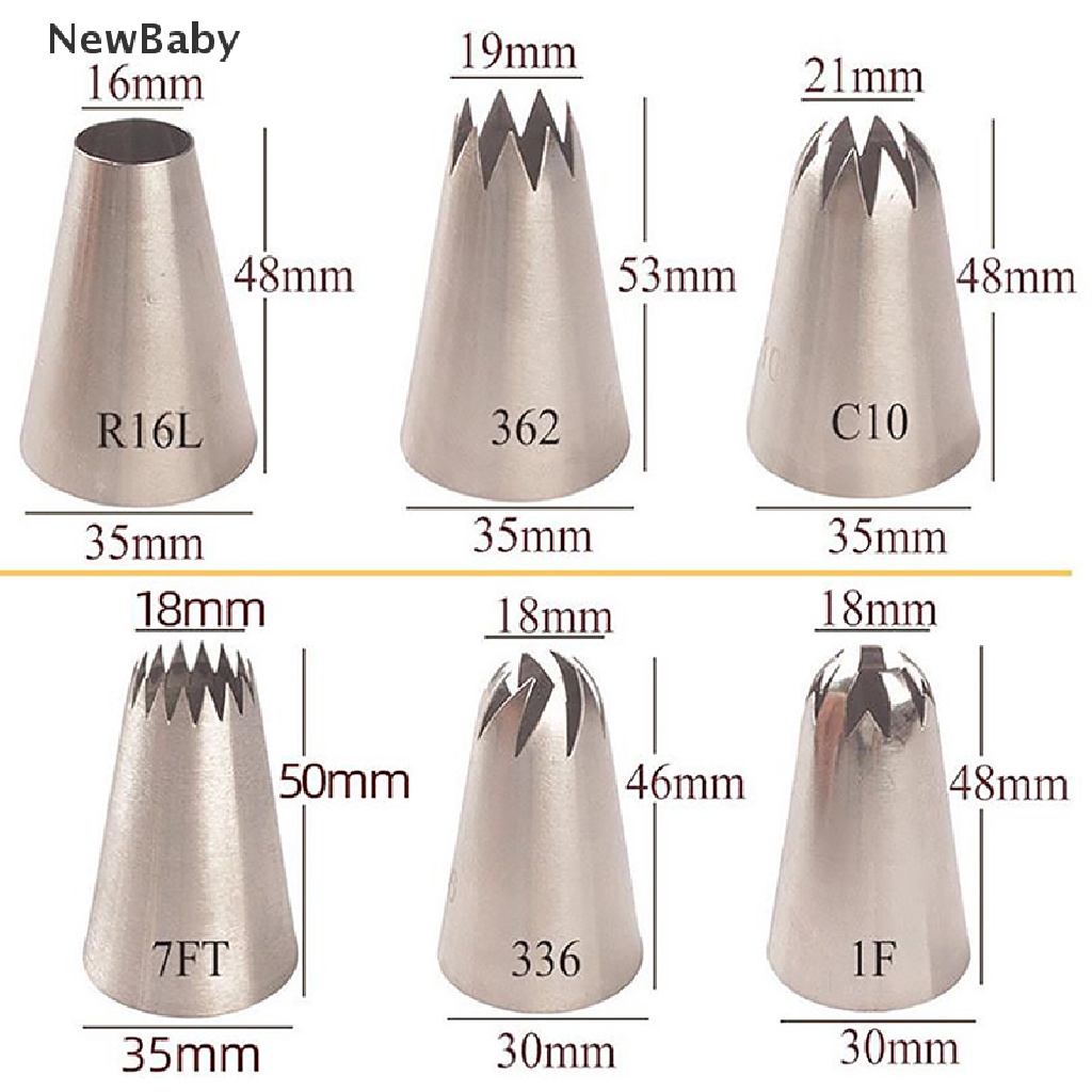 Newbaby 6Pcs / Set Spuit Piping Icing Bahan Stainless Steel Untuk Dekorasi Kue / Pastry