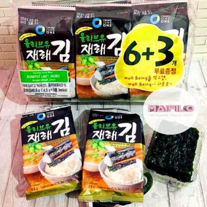 

CHUNG JUNG ONE SEAWEED 6+3 NORI OLIVE OIL / RUMPUT LAUT KOREA [KODE 1KODE 3KODE 5KODE 6KODE