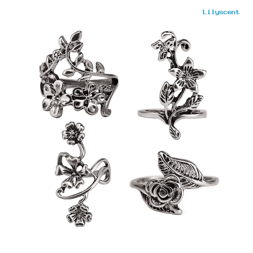 4pcs / Set Cincin Knuckle Midi Desain Bunga Daun Gaya Vintage Untuk Wanita