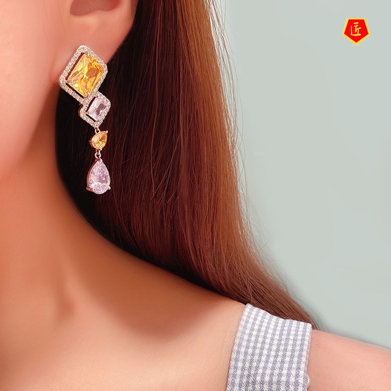 [Ready Stock]S925 Silver Vintage Square Yellow Gemstone Elegant Earrings