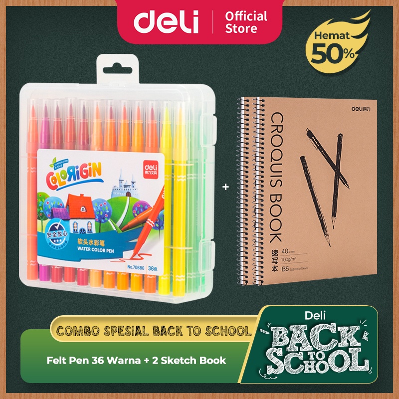 

[ DELI Back to School COMBO HEMAT 9] Felt Pen 36 Warna, Sketch Book B5