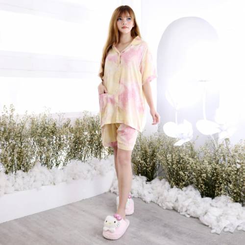 Setelan Piyama Wanita Pendek HP Satu Set Tie Dye Rosei Jumbo XXL Big Size Baju Tidur Wanita Cewek Casual Setelan Rayon One Set Cantik-BAMBO KUNING MUDA
