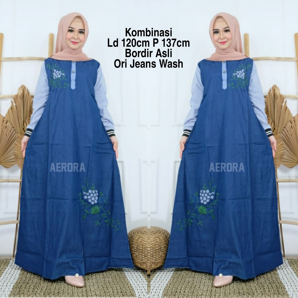 Baju Gamis Dress Jeans Jins Denim Jumbo Wanita Terbaru 2023 Kondangan Busui Motif Bordir Kupu Kupu KekinianPremium Ld 120 P 137 Butterfly Maxy Allsize