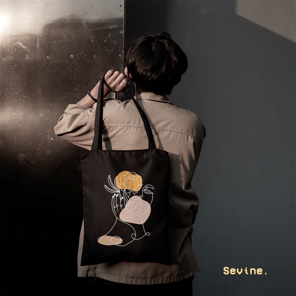 Sevine Tote Bag Resleting Tas Wanita Totebag Motif Face Line Art modern Black Series  - WGF3