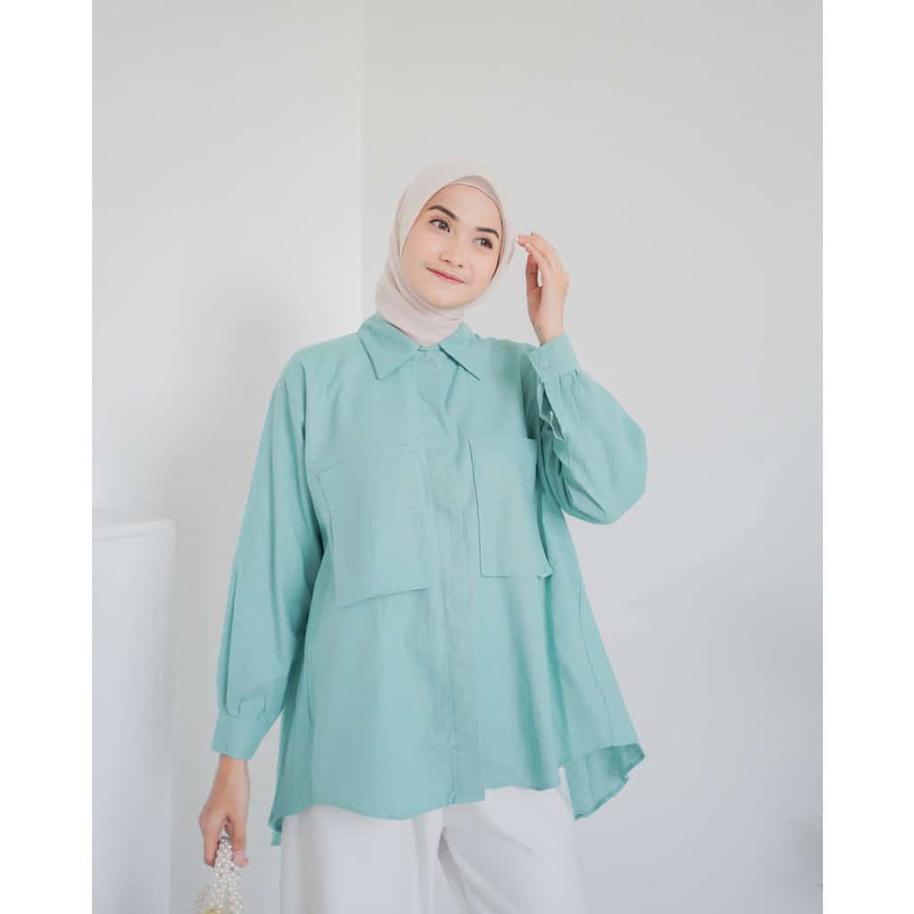 Kemeja Oversized Jazlyn Shirt // Kemeja Pocket Gea Top kekinian // Kemeja Oversized Linen Premium  - Atasan Wanita Lengan Panjang