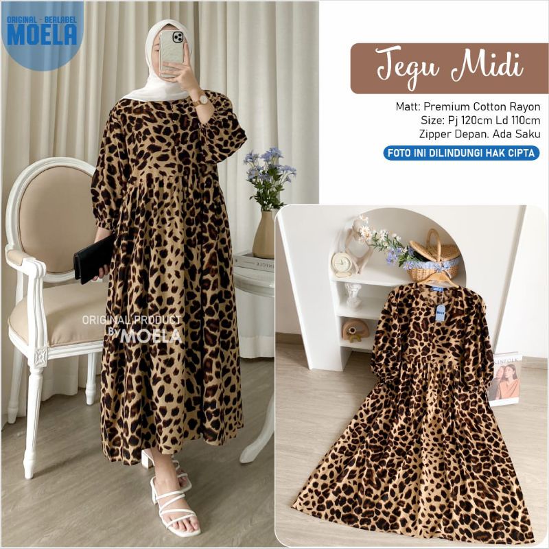 Jegu Bisti Zebi Lio Mao Midi Dress Motif Leopard Jumbo Tunik Busui Catton Rayon Original Ori Moela B