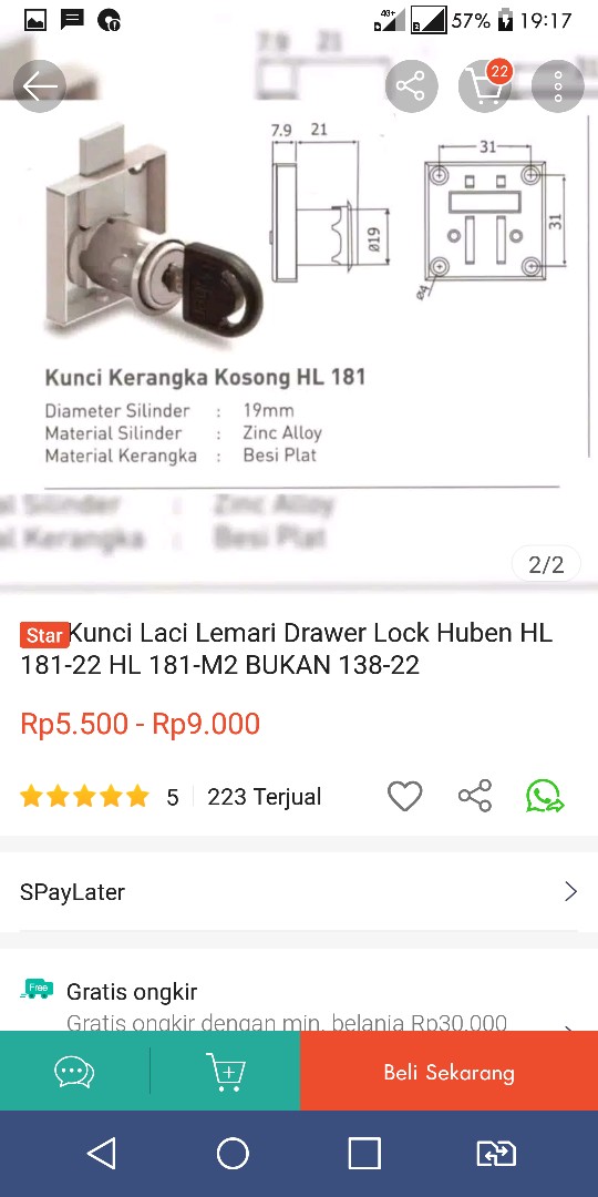 Kunci Laci Lemari Drawer Lock Huben Hl 181-22 Hl 181-m2 Bukan 138-22