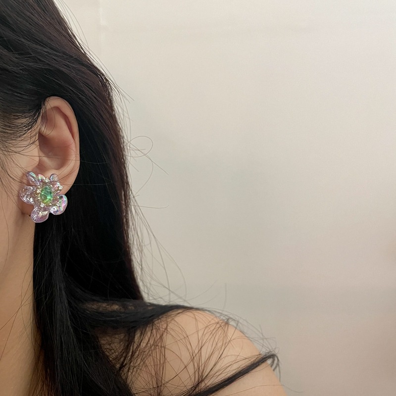 Anting Zircon Bentuk Bunga Warna Ungu Gaya Perancis Untuk Wanita