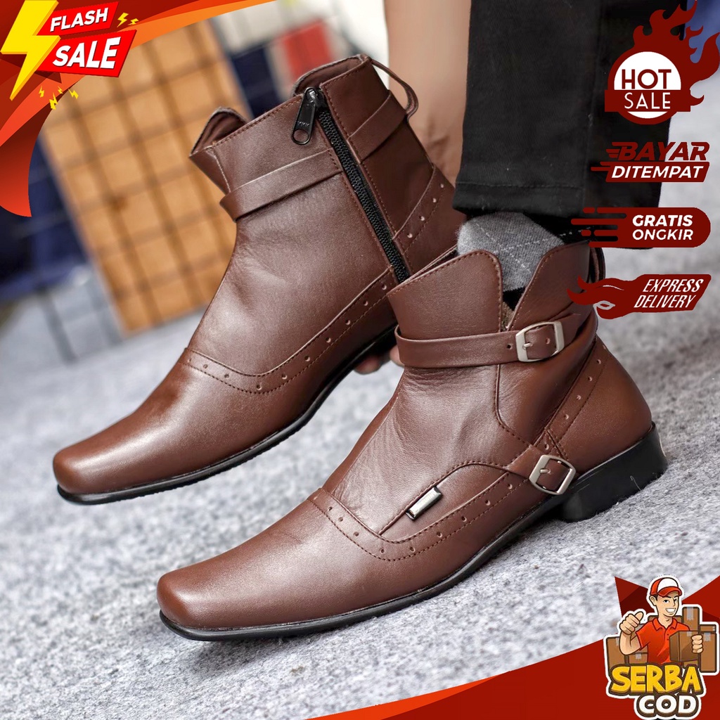 PCN 035 - Sepatu Joki Jenggel Semi Boot Full Kulit Asli Original Monkstrap Zipper High Quallity - Se