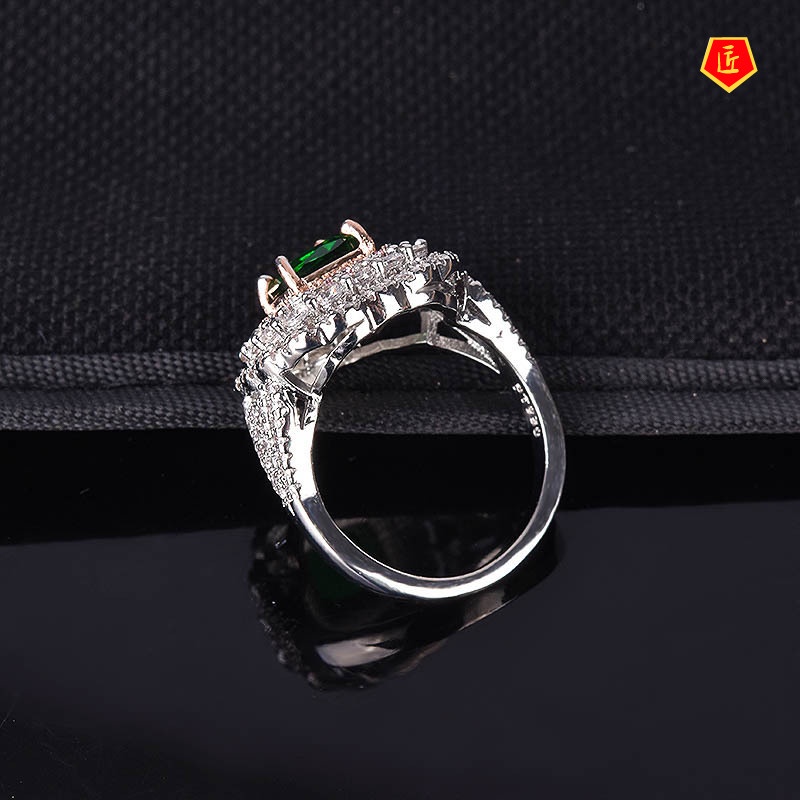 [Ready Stock]Fashion Inlaid Square Diamond Emerald Two-Tone Ring