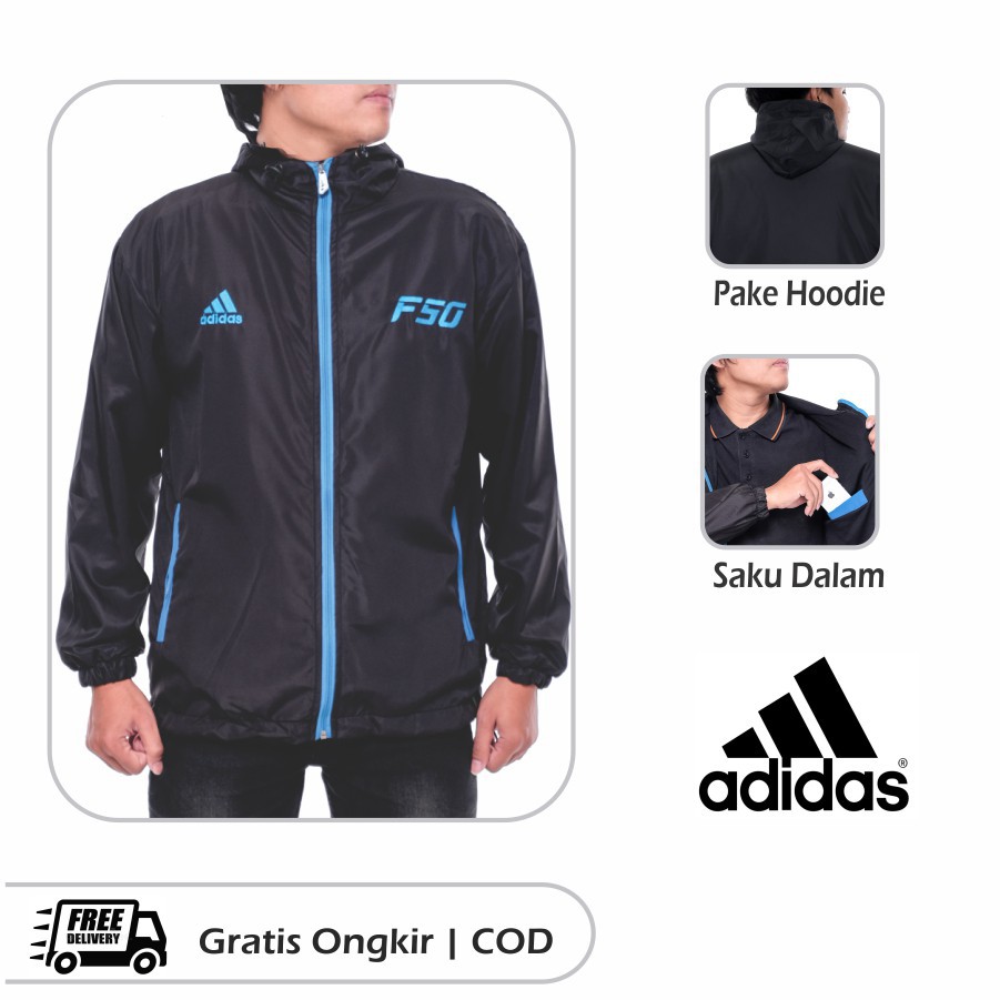 Jaket Parasut Adidas Windrunner Outdoor Tracker F50 Hitam Strip Turkis