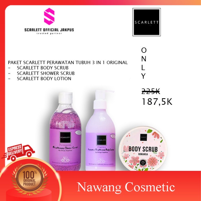 Paket 3 item Scarlett Whitening Shower Scrub, Body Lotion, Body Scrub