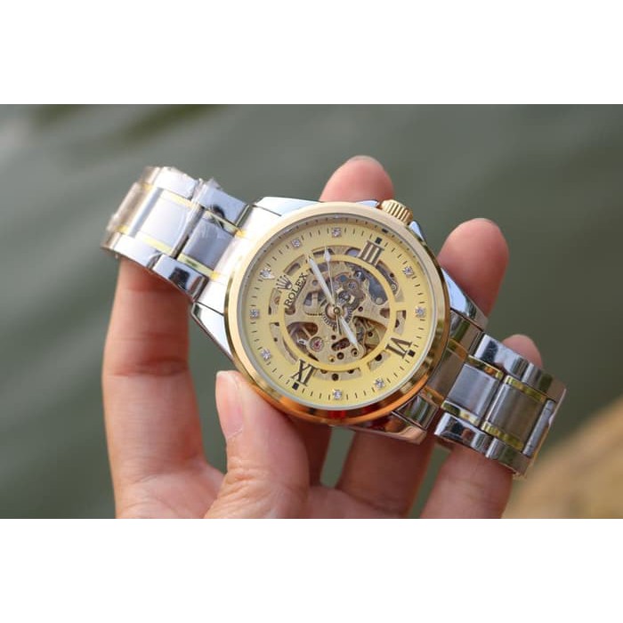JAM TANGAN PRIA ROLEX AUTOMATIC SKELETON BESAR SILVER GOLD (GOLD)