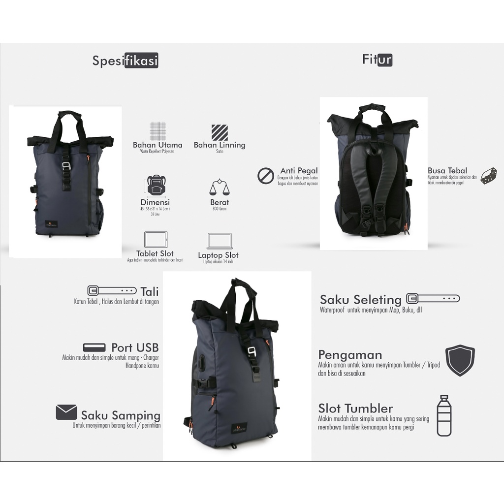 LANSPRESADO NAVY |ManNeedMe x URBAN| Tas Ransel Pria Wanita Tas Backpack ORIGINAL