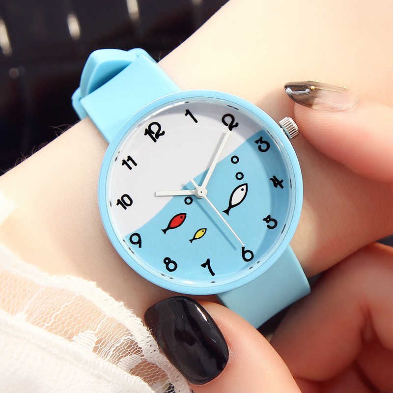 Jam Tangan Quartz Analog Korea Strap Silikon Warna Permen untuk Wanita Motif Kartun-6