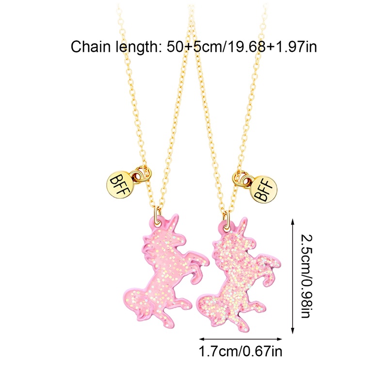 2pcs / Set Kalung Rantai Dengan Liontin Unicorn Hati Warna-Warni Untuk Hadiah Persahabatan