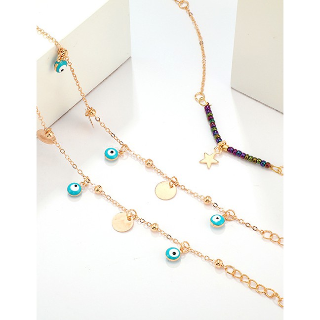 LRC Gelang Kaki Fashion Gold Mizhu Alloy Disc Eyes Hollow Star Multi-layer Anklet F78064