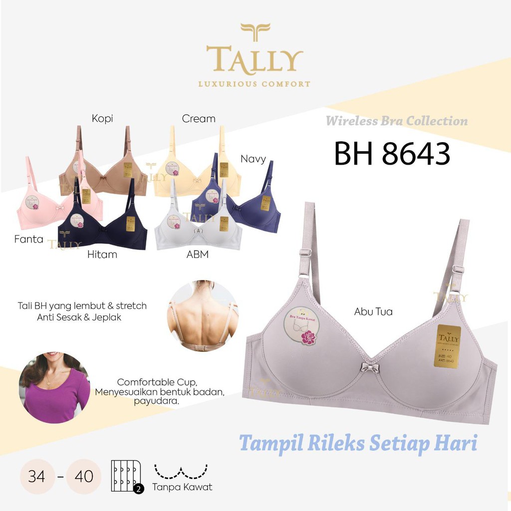 TALLY BRA BH 8643 I BUSA TIPIS I CUP B KECIL | TANPA KAWAT | SIZE 34-40