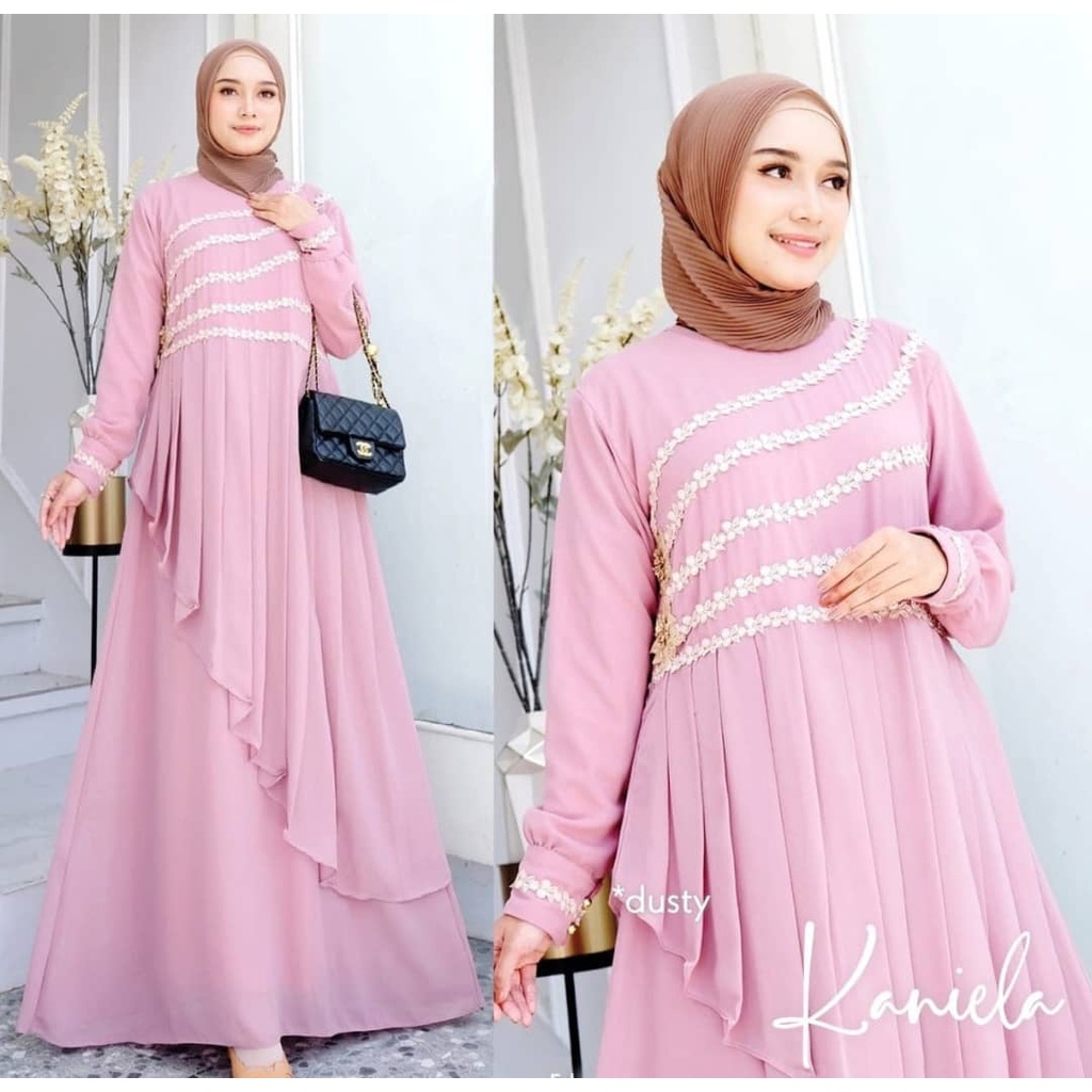 Gamis wanita KANIELA DRESS BAHAN CERUTY BABYDOLL APLIKASI RENDA LD 100 CM Gamis wanita terbaru 2023 Dress wanita kekinian Maxy dress wanita jumbo Baju muslim wanita modern Dress ceruty babydoll premium