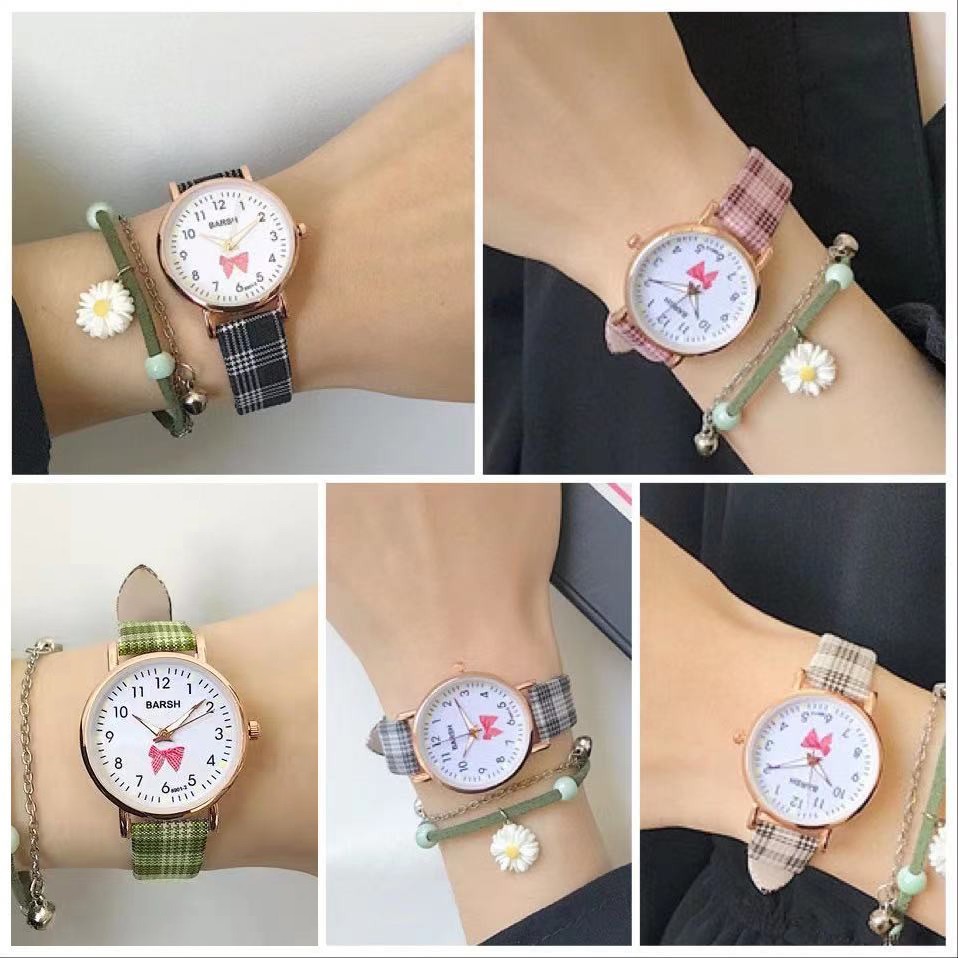 Jam Tangan Quartz Analog Wanita Strap Pu Kotak-Kotak Motif Pita Fashion Aksesoris Wanita Jam Analog