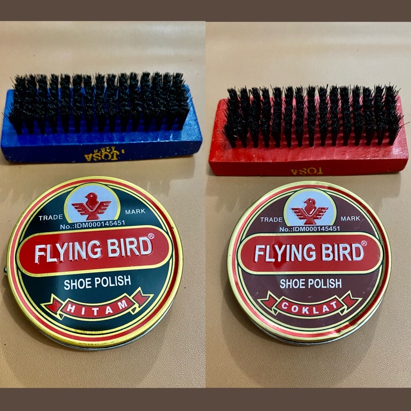 Paket Murah - Semir sepatu shoe polish flying bird hitam atau coklat + Sikat Semir Sepatu