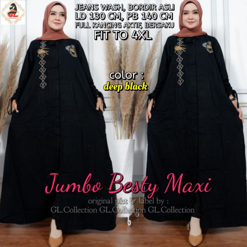 BESTY MAXY gamis jeans BORDIR SUPER JUMBO XXXL LD 130