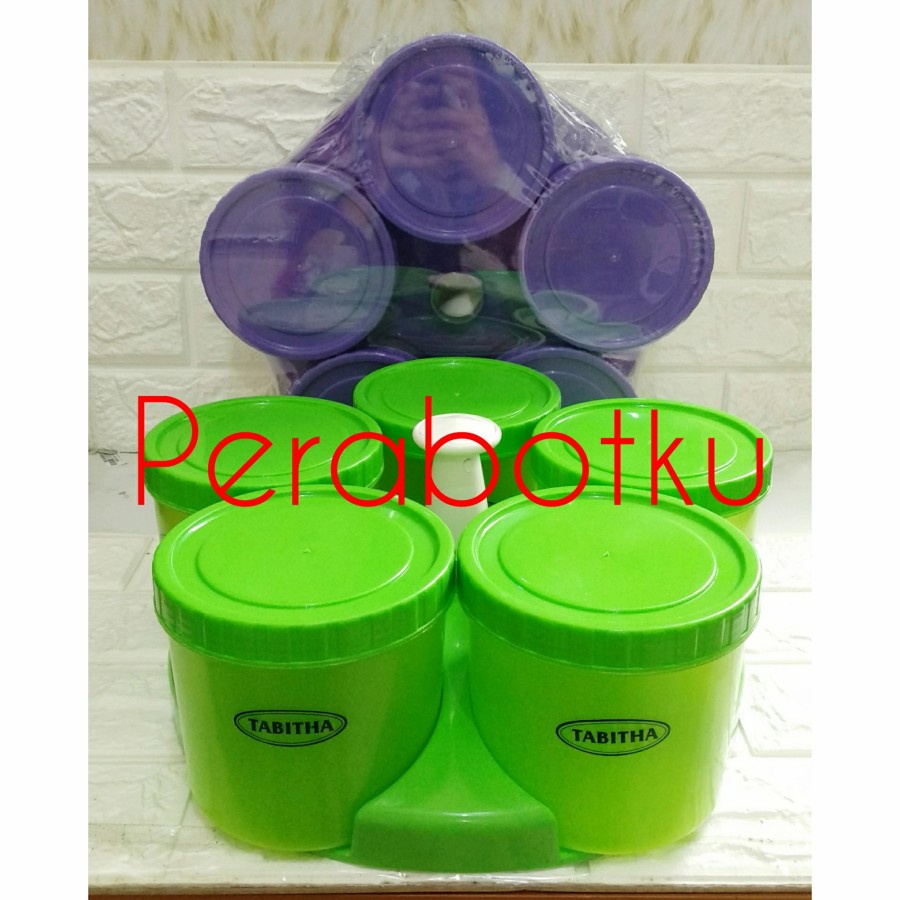 Toples Plastik Set 5 Pcs Rotary Small / Toples Warna 1050 ml + Nampan Bulat / Toples Kue