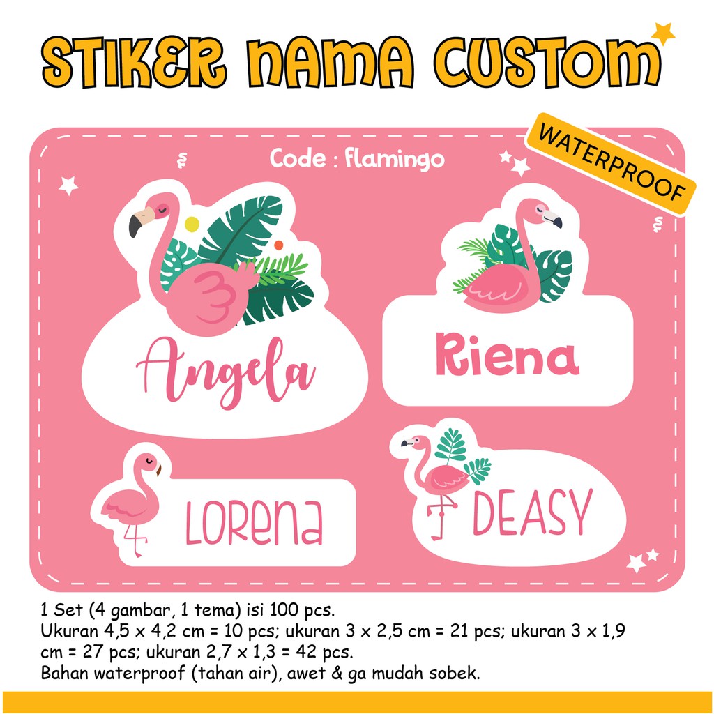 

[90~130 PCS] Stiker Nama Anak Murah / Label Nama Custom Flamingo SpongeBob Astro Boy Pokemon