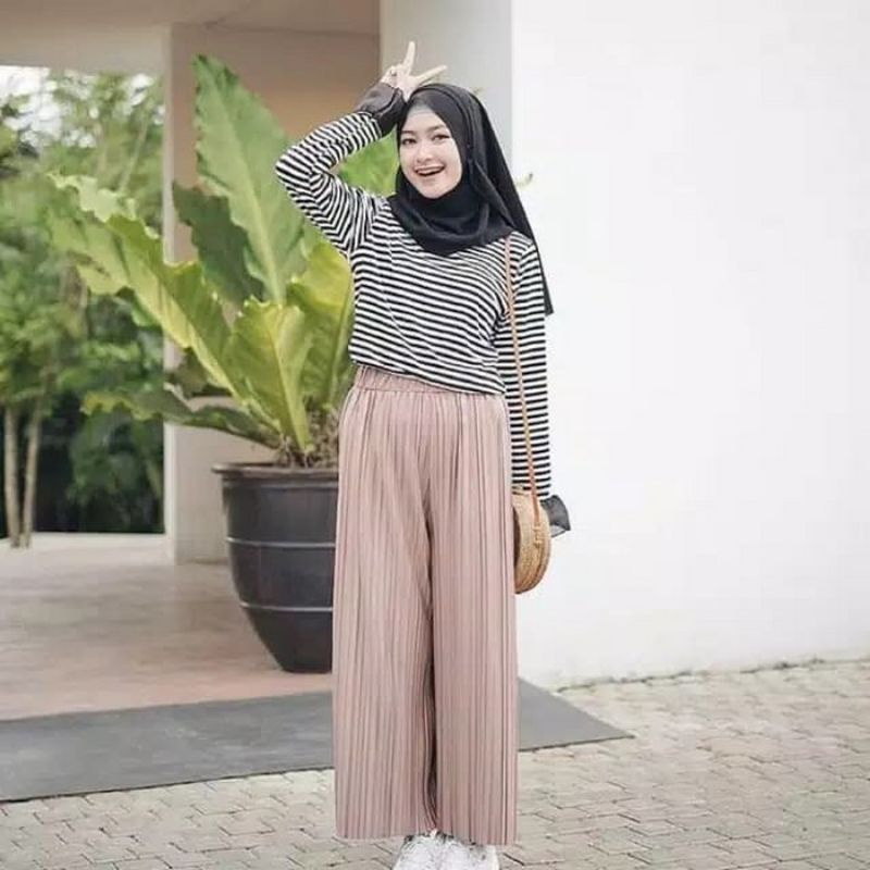 Celana panjang kulot salur / plisket / pliskit wanita allsize fit L XL harian santai murah