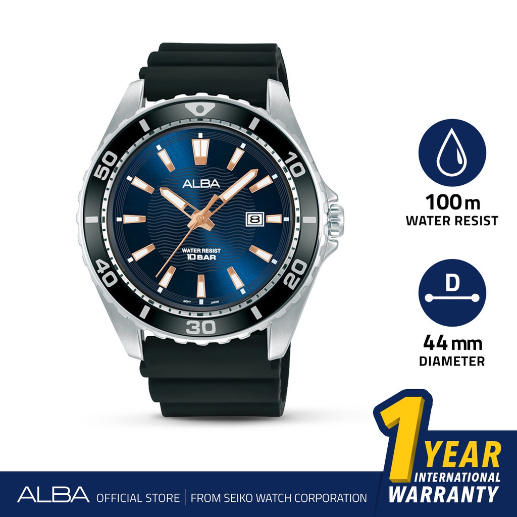 Alba Acitve Jam Tangan Pria AG8L31 / AG8L31X1 Quartz Dark Blue Navy Pattern Dial Black Rubber Strap 