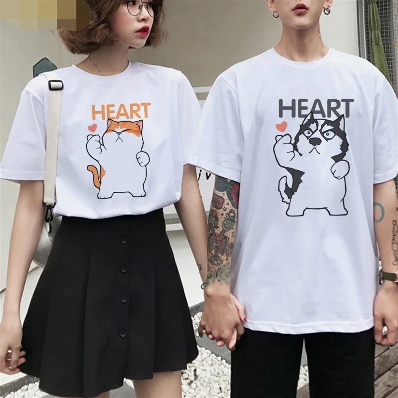 MYSTIQUE.ID-BAJU KAOS COUPLE CAT AND DOG HEART T-SHIRT LUCU DAN AESTHETIC