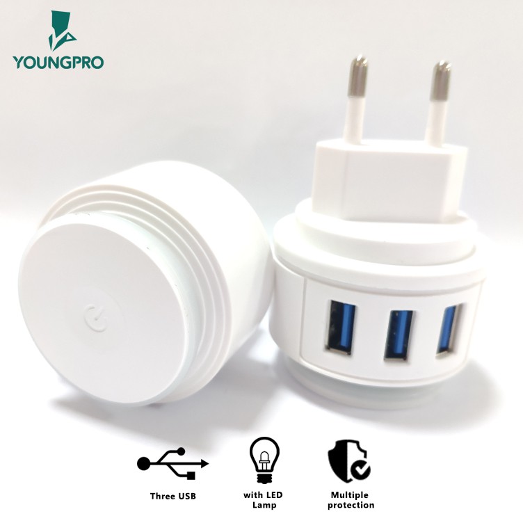 Charger YPL-03 YOUNGPRO DUAL FUNCTION WALL 3 PORTS FAST CHARGE  2.4A + ADJUSTABLE LED NIGHT LAMP