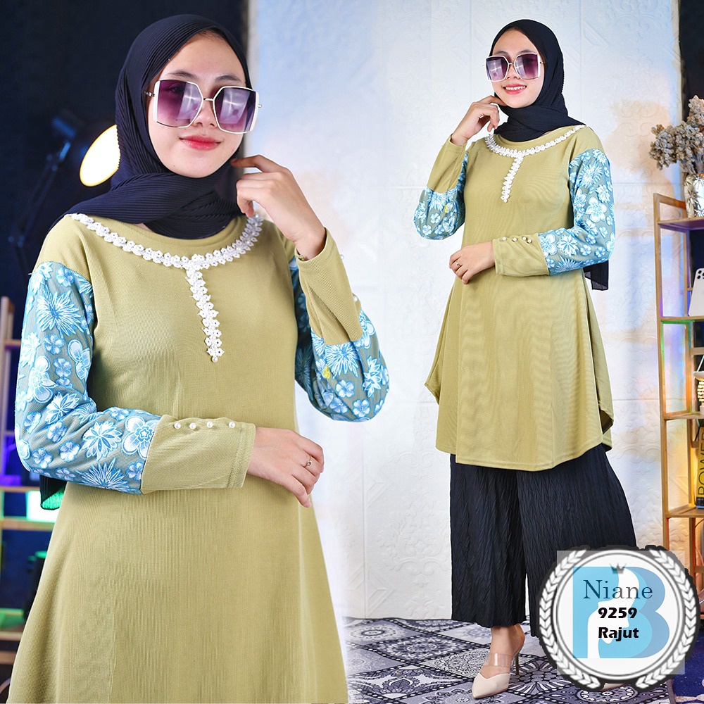 Tunik Rajut Variasi Renda Mutiara Dada Lengan Tile Prada Niane