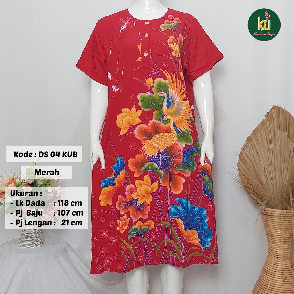 COD DS04 KUB | Daster Batik Kencana Ungu Asli Label Biru Uk. Jumbo LD 120 cm | Baju Santai Tidur Wanita Dewasa Kancing Depan Busui Friendly Motif Terbaru-Merah E