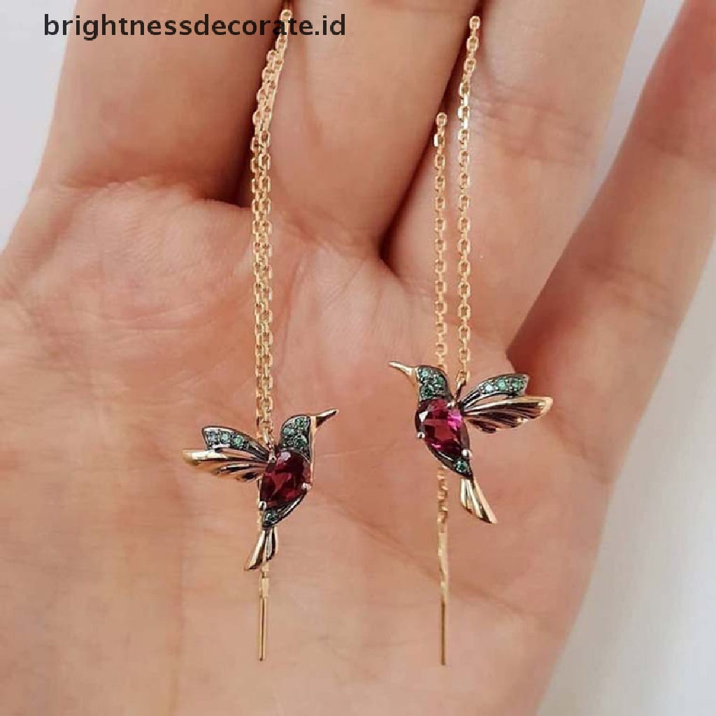 Anting Panjang Liontin Burung Kolibri Aksen Kristal