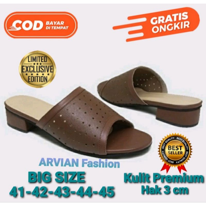 Sandal wanita Hak Tahu 3cm BIG SIZE Ukuran 41-42-43-44-45 Sandal Selop kulit coklat Sandal Ibu ibu K