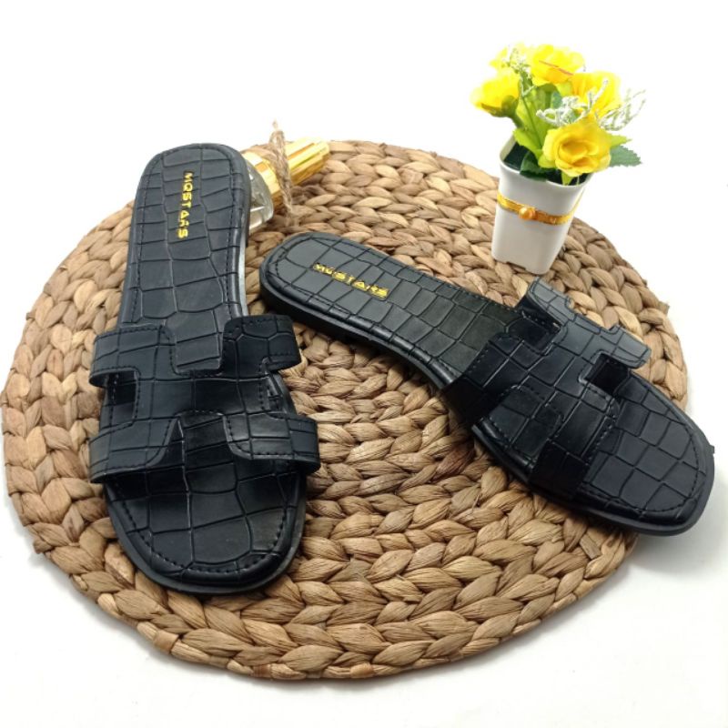 mqstars- Sandal Flat Wanita Croco Terbaru/Sendal Selop Teplek Slip on