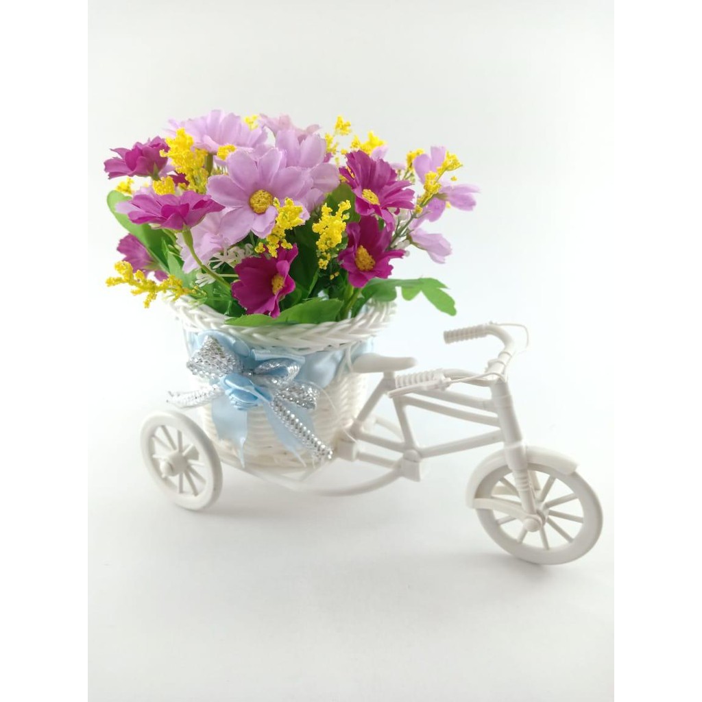 BUNGA SEPEDA SET BUNGA HIAS BUNGA PLASTIK VAS SEPEDA ROTTAN SET BUNGA DAISY BS6602-Ungu muda