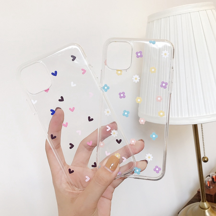 Soft Case Cover Belakang Transparan Motif Bunga Hati untuk iPhone 11 x XS Max XR 6 6S 7 8 Plus