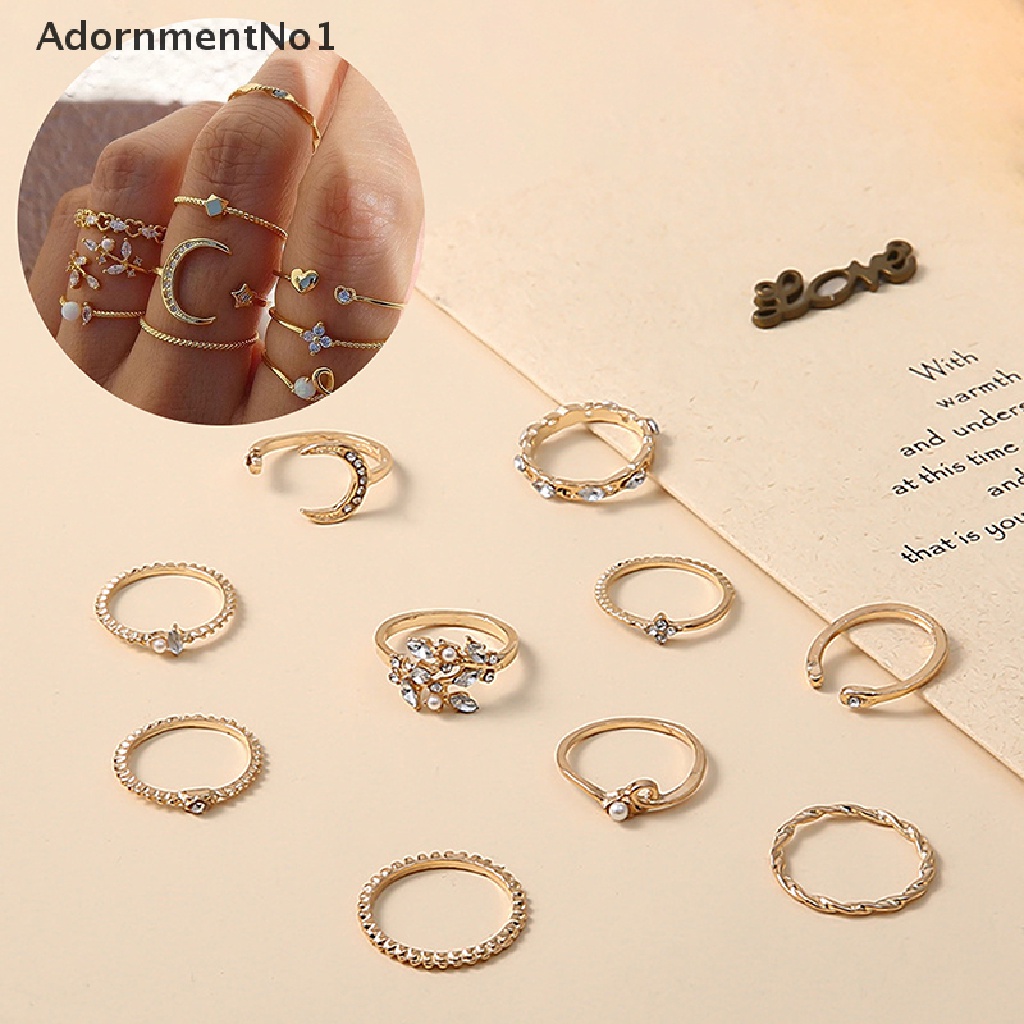 (AdornmentNo1) 10pcs / set Cincin Bentuk Bunga / Daun / Bulan / Bintang / Geometri Aksen Kristal / Mutiara Untuk Perhiasan Wanita