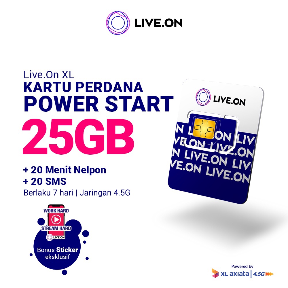 Kartu Perdana Live.On Power Start 25GB (7 hari) Jaringan 4.5G Gratis 20 Menit Nelpon + 20 SMS + Sticker J