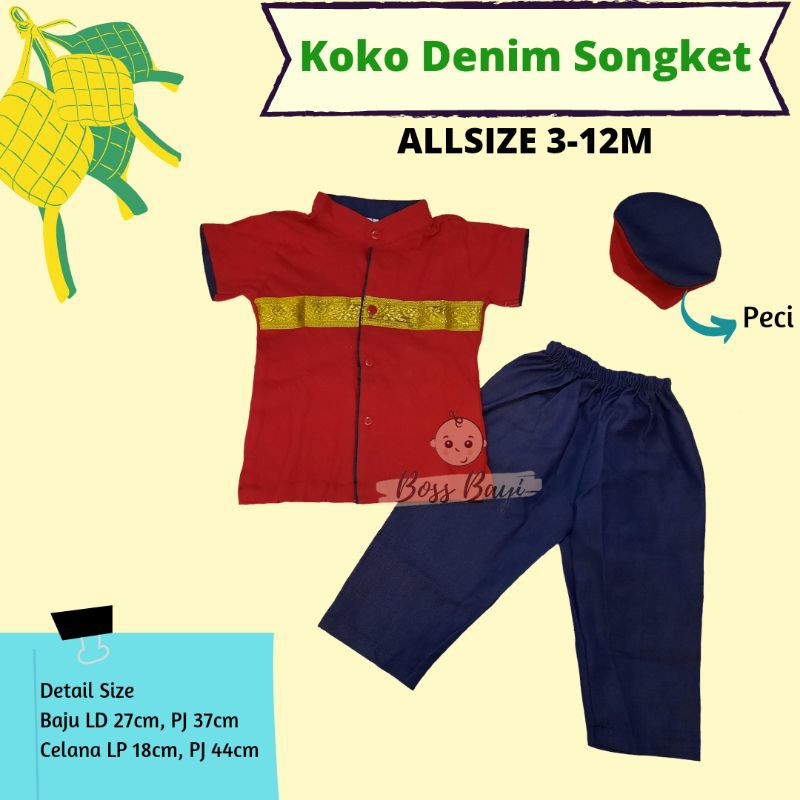 Setelan Koko Peci Anak 3-12bulan Denim Songket by Little Bebe