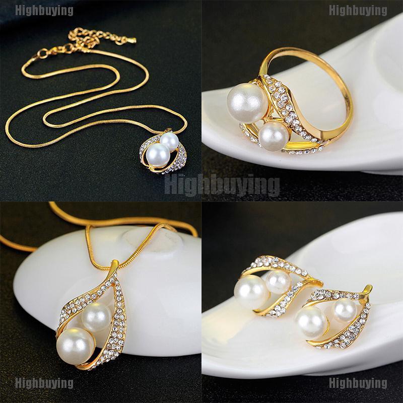 Set Perhiasan Wanita,Kalung Rantai Liontin + Anting Tusuk Gantung + Cincin Aksen Kristal + Mutiara Imitasi